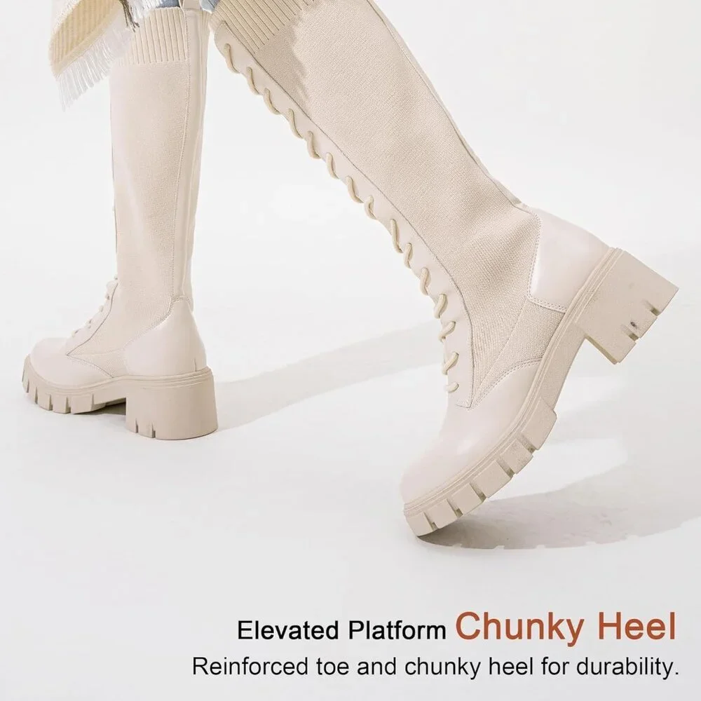 Women's Beige 953 Chunky Platform Heel Lace Gothic Knee High Combat Boots